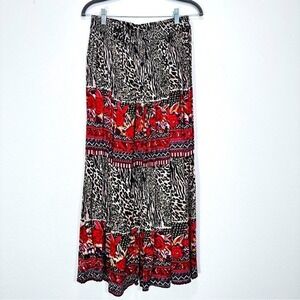 Vintage Across Animal Print Boho Eclectic Artsy Pull On Maxi Skirt‎ Maximalism
